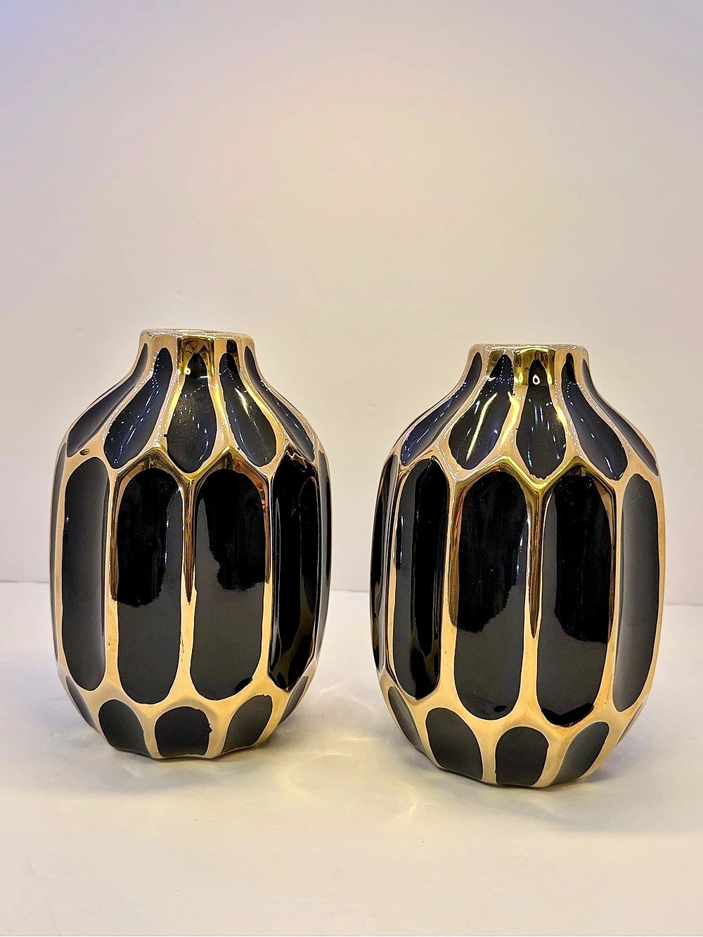 Black Gold Ceramic Vase Set of 2 Crackle Glaze Bud Vases 8in Modern Decor